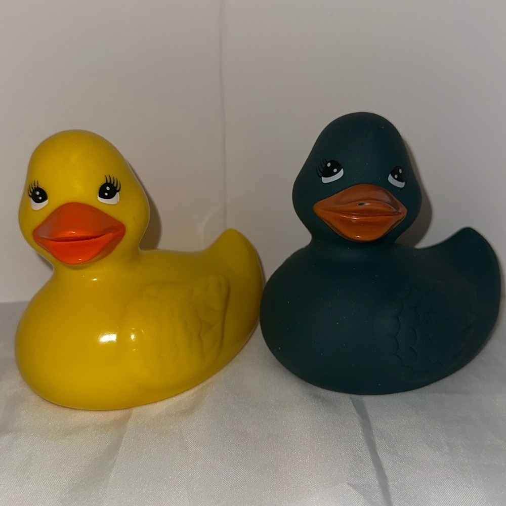 Set of 2 Rubber Ducks Yellow Glossy and Dark Matte Teal Bath Toys Collectible